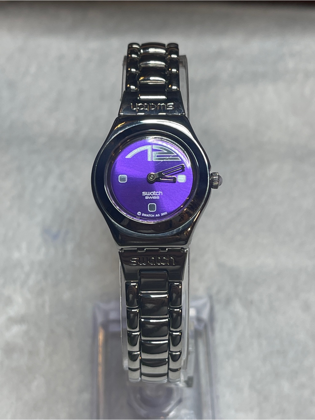 Swatch Silver Bracelet Watch With Purple Dial
